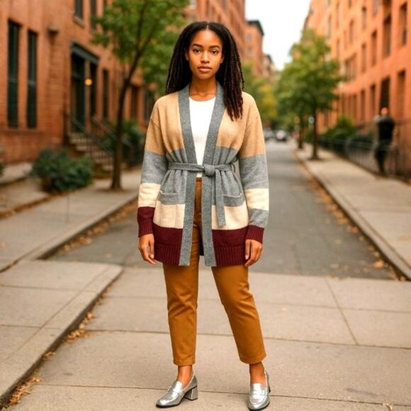 NWT Ann Taylor Loft Color Block Cardigan Sweater with Tie Belt Size Small - Picture 1 of 1